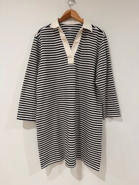 Lands' End Black and White Striped Top with Cream Collar